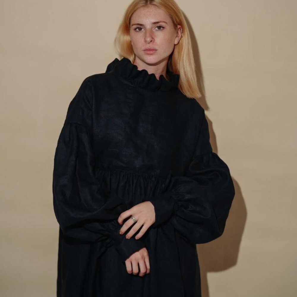 NEW Kindred of Ireland 100% Heritage Linen Camille Dress L Large Navy Midnight - Picture 2 of 6